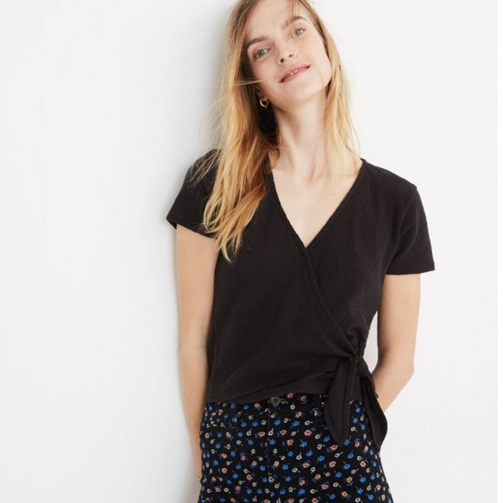 Madewell Texture & Thread Wrap-Tie Top‎ in Black Size XXS
